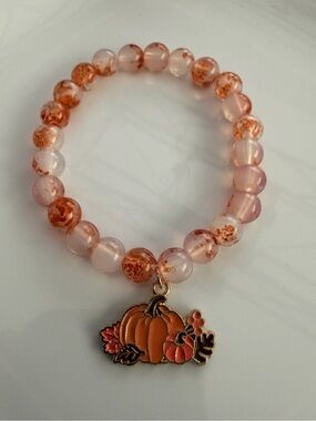 Fall Pumpkin Charm Beaded Bracelet in Pink and Orange Handmade Jewelry